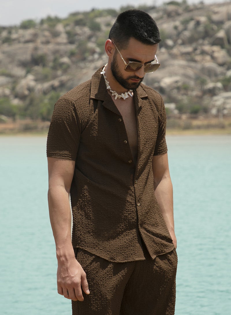 Campus Sutra Men's Chocolate Brown Crease-Box Co-Ord Set For Casual Wear | Spread Collar | Short Sleeve | Button Closure | Co-Ords Crafted With Comfort Fit For Everyday Wear - Image 1